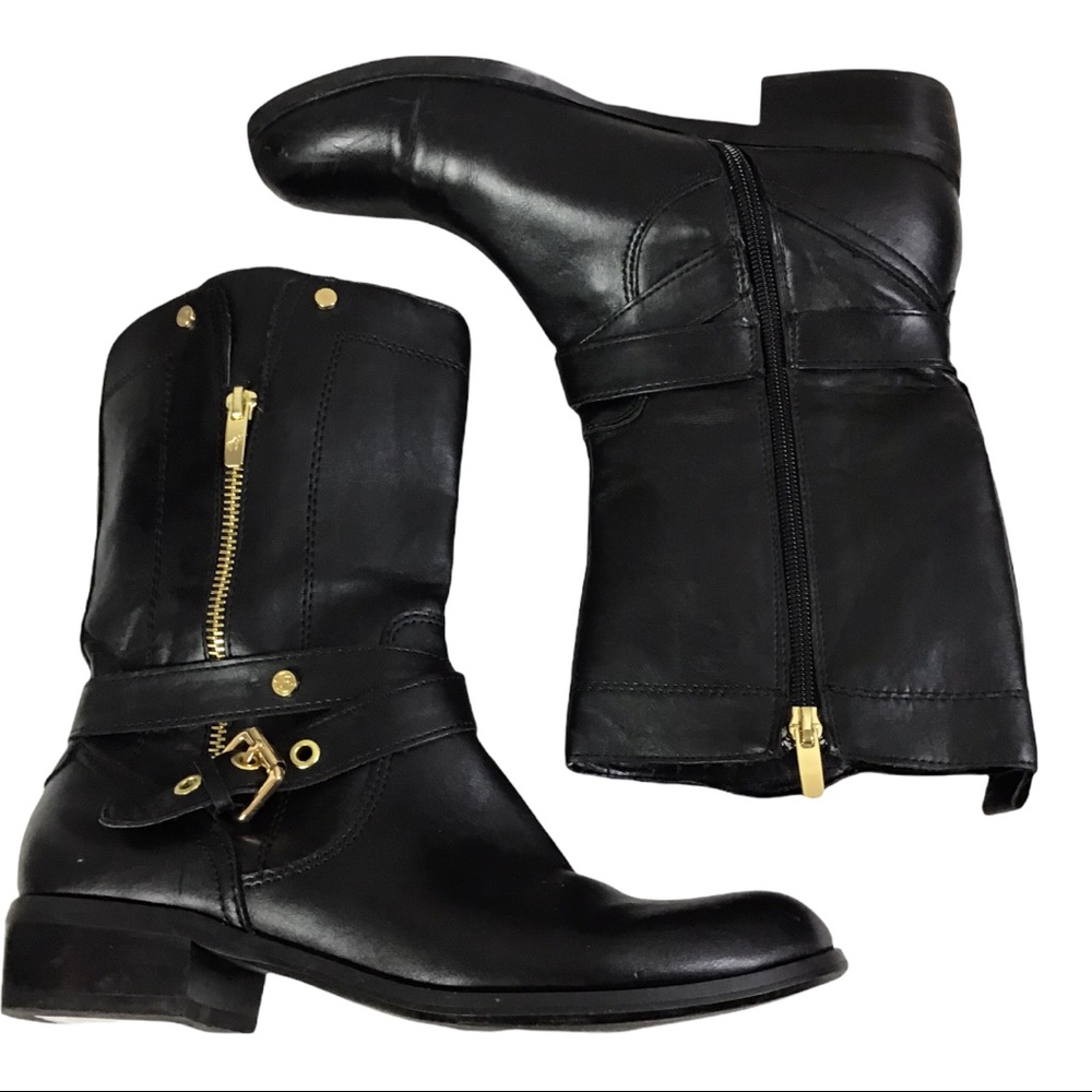 Marc Fisher Dolca Black Leather Decorative Zip & Buckle Moto Boots Size 8 1/2 - Picture 4 of 12
